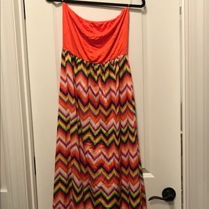 Strapless Orange and Black Chevron Maxi Dress